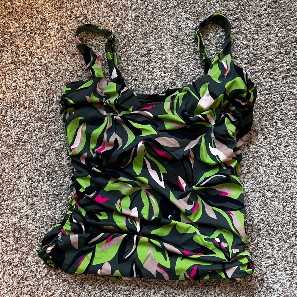 Athleta Olive Green Swim Top with Neon Pink & Lime Leaf Accents